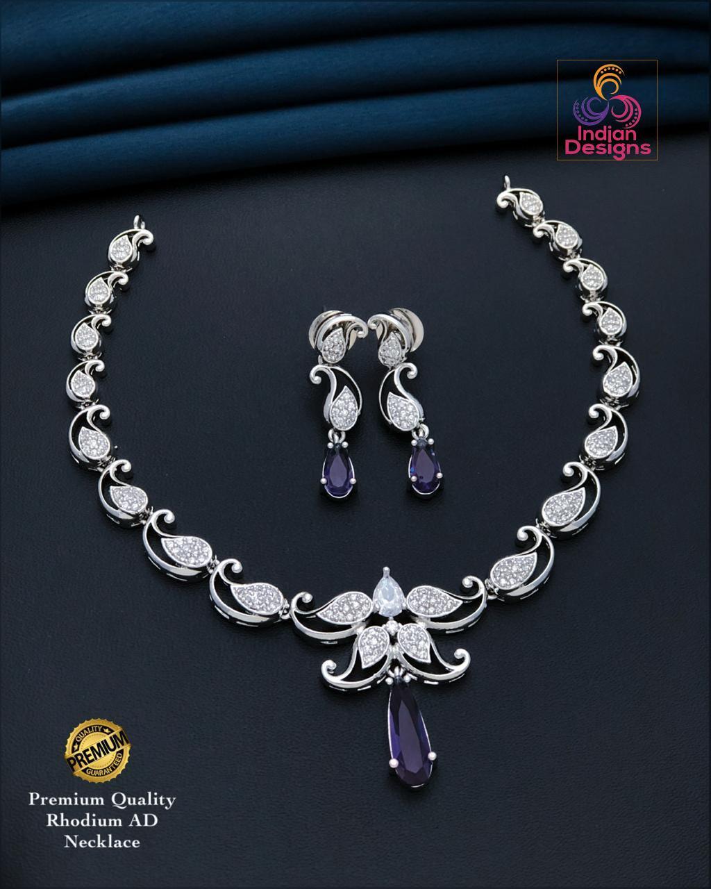 Silver tone american diamond necklace set| ruby purple green aqua pink drops| indian wedding jewelry| rhodium finish cz choker| gift for her