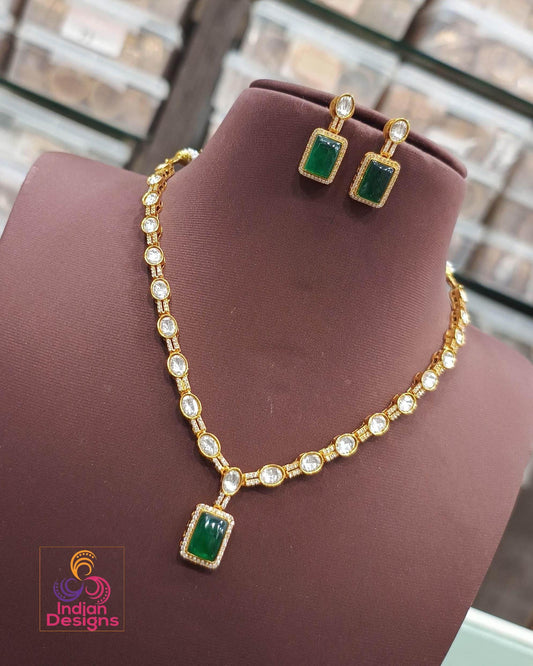 Rectangular stone kundan necklace set| gold plated cz pendant & earrings| modern indian jewelry| available in green, coral, aqua, maroon