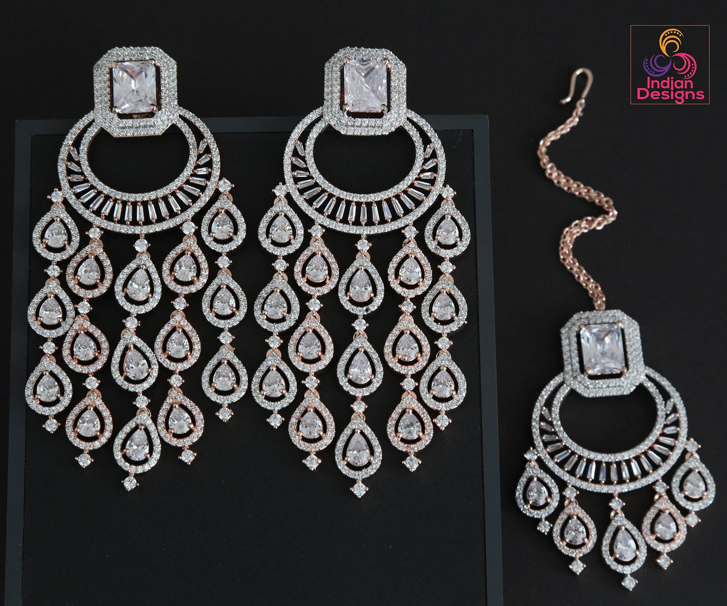 Rose gold ad stone dangler earrings with maang tikka| wedding & festive jewelry | dual-tone multi-color or diamond replica set| gift for her