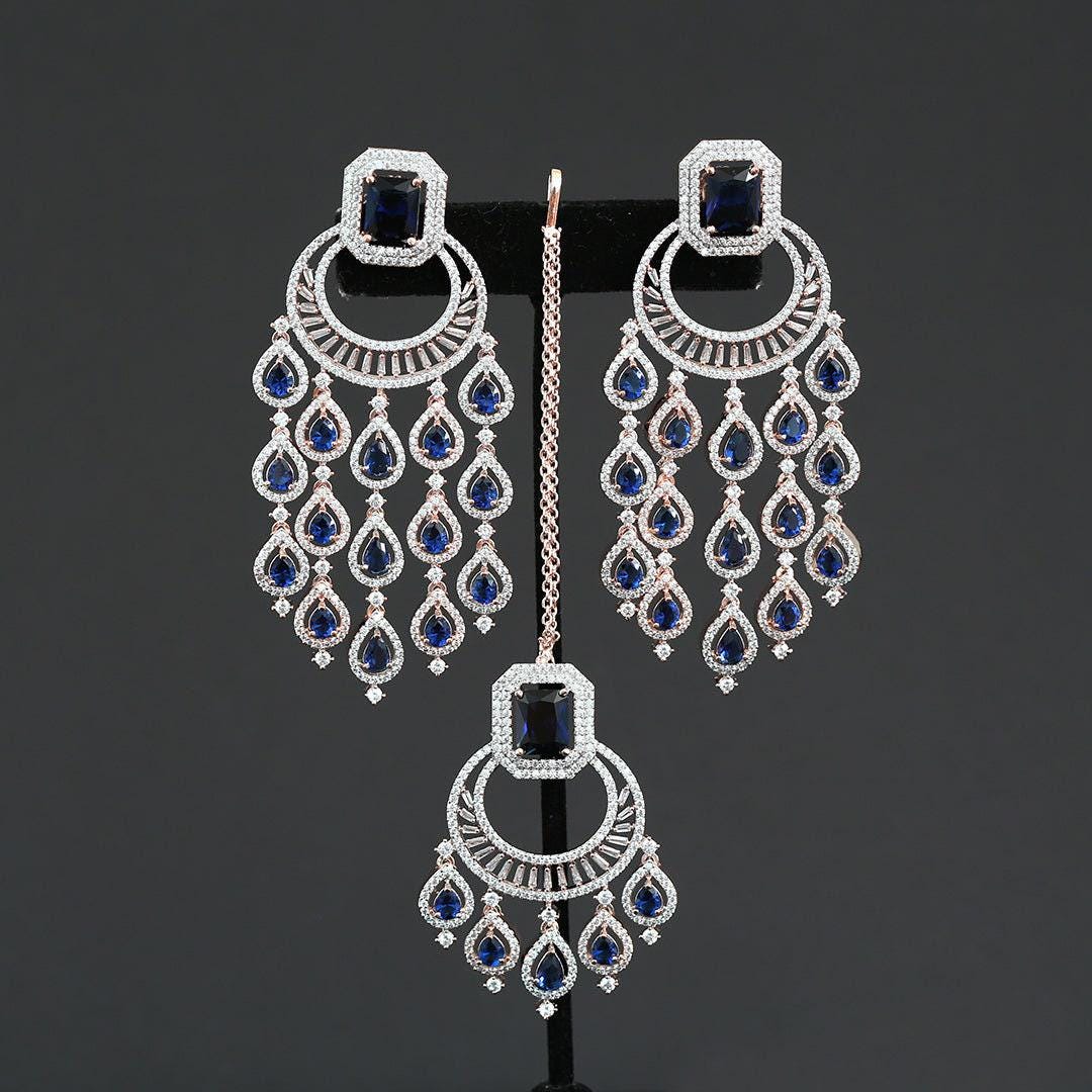 Rose gold ad stone dangler earrings with maang tikka| wedding & festive jewelry | dual-tone multi-color or diamond replica set| gift for her