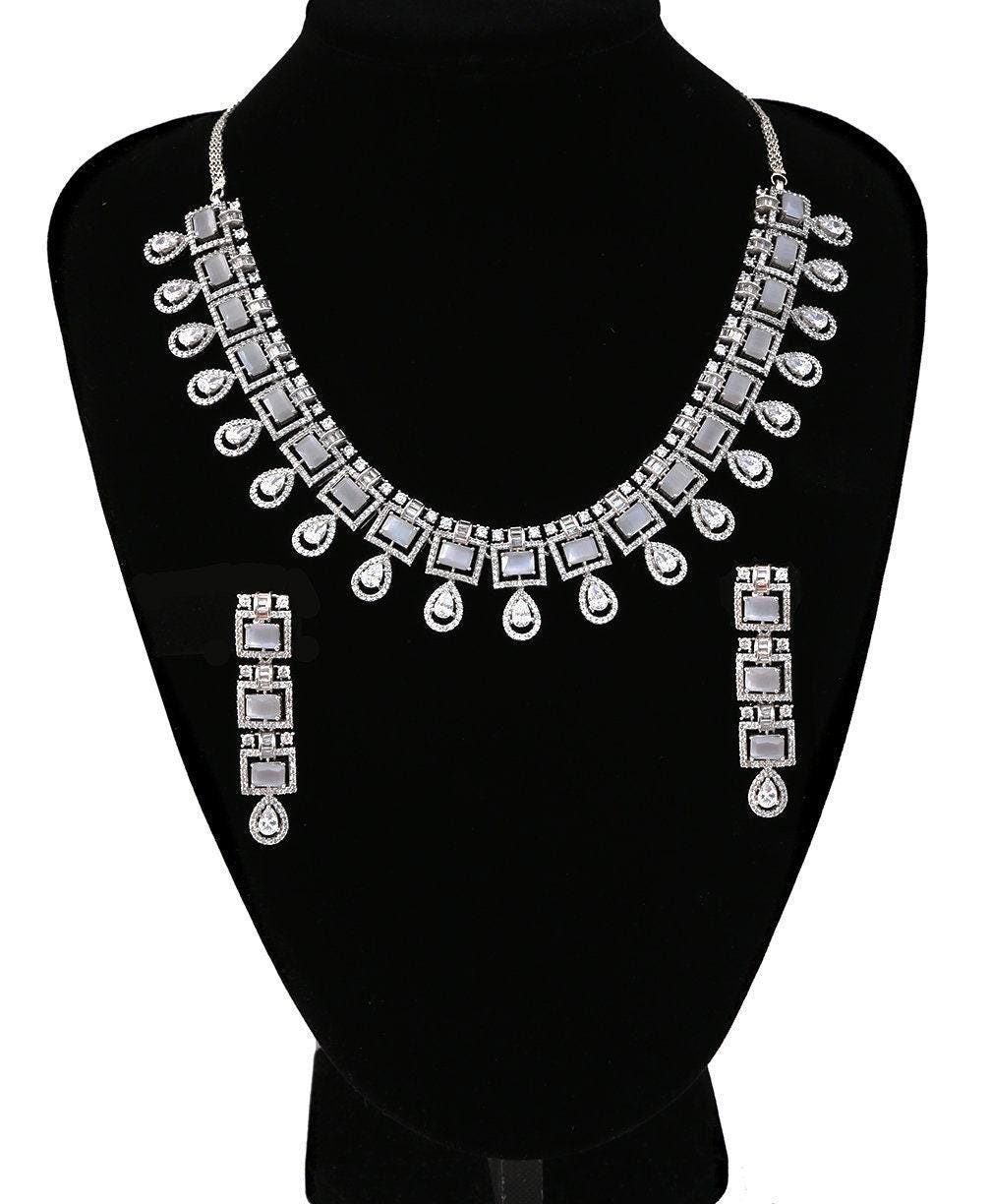 American Diamond CZ Silver tone Necklace Earrings Jewelry Set| Statement Choker Necklace| Elegant Wedding Necklace Earrings Set|Gift for her