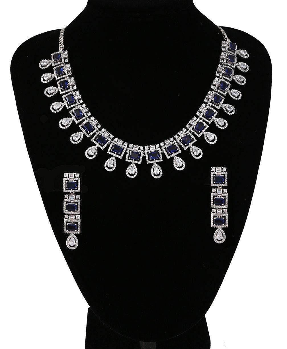 American Diamond CZ Silver tone Necklace Earrings Jewelry Set| Statement Choker Necklace| Elegant Wedding Necklace Earrings Set|Gift for her