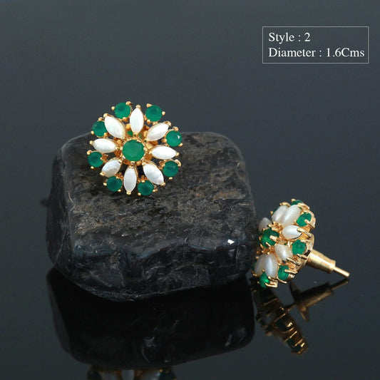 Pearl and emerald stud earrings | real small pearl stud earrings green floral design | gold plated minimalist pearl simple cz earrings tops