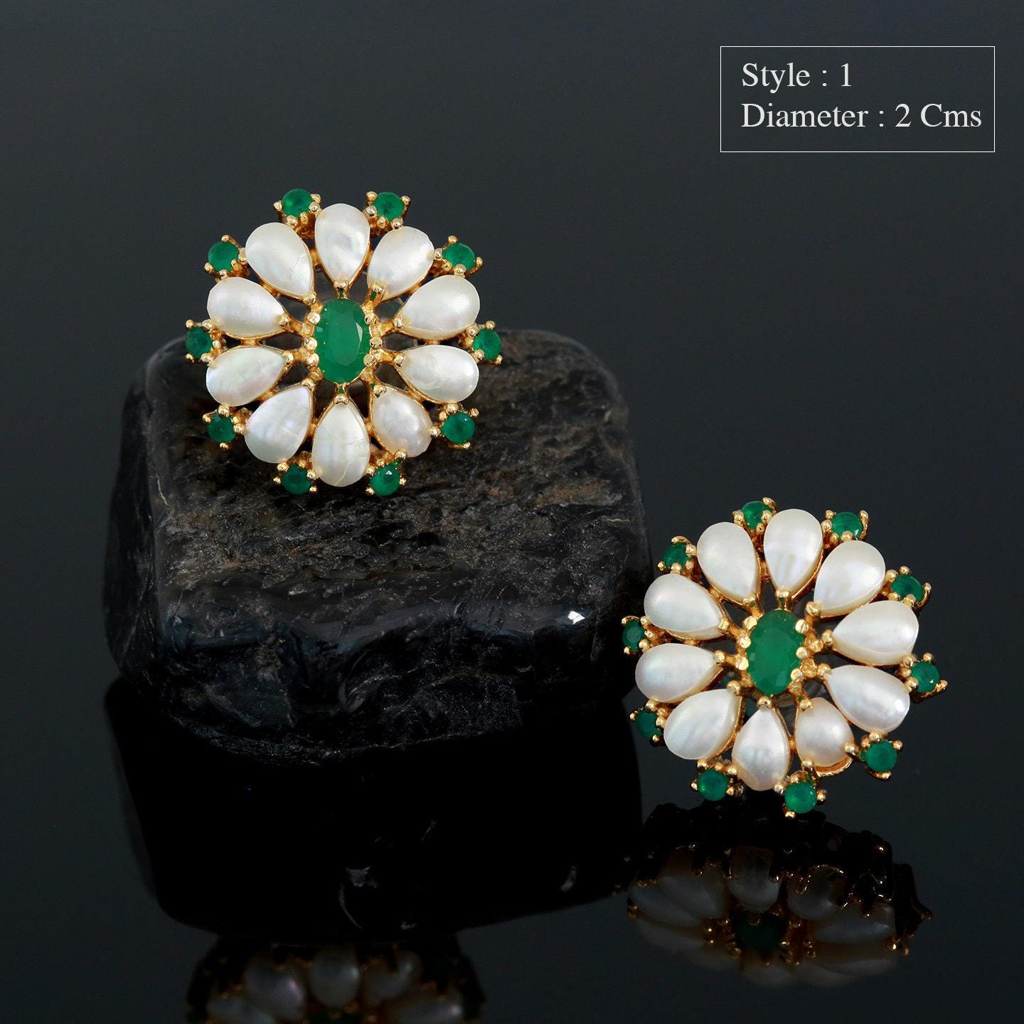 Pearl and emerald stud earrings | real small pearl stud earrings green floral design | gold plated minimalist pearl simple cz earrings tops