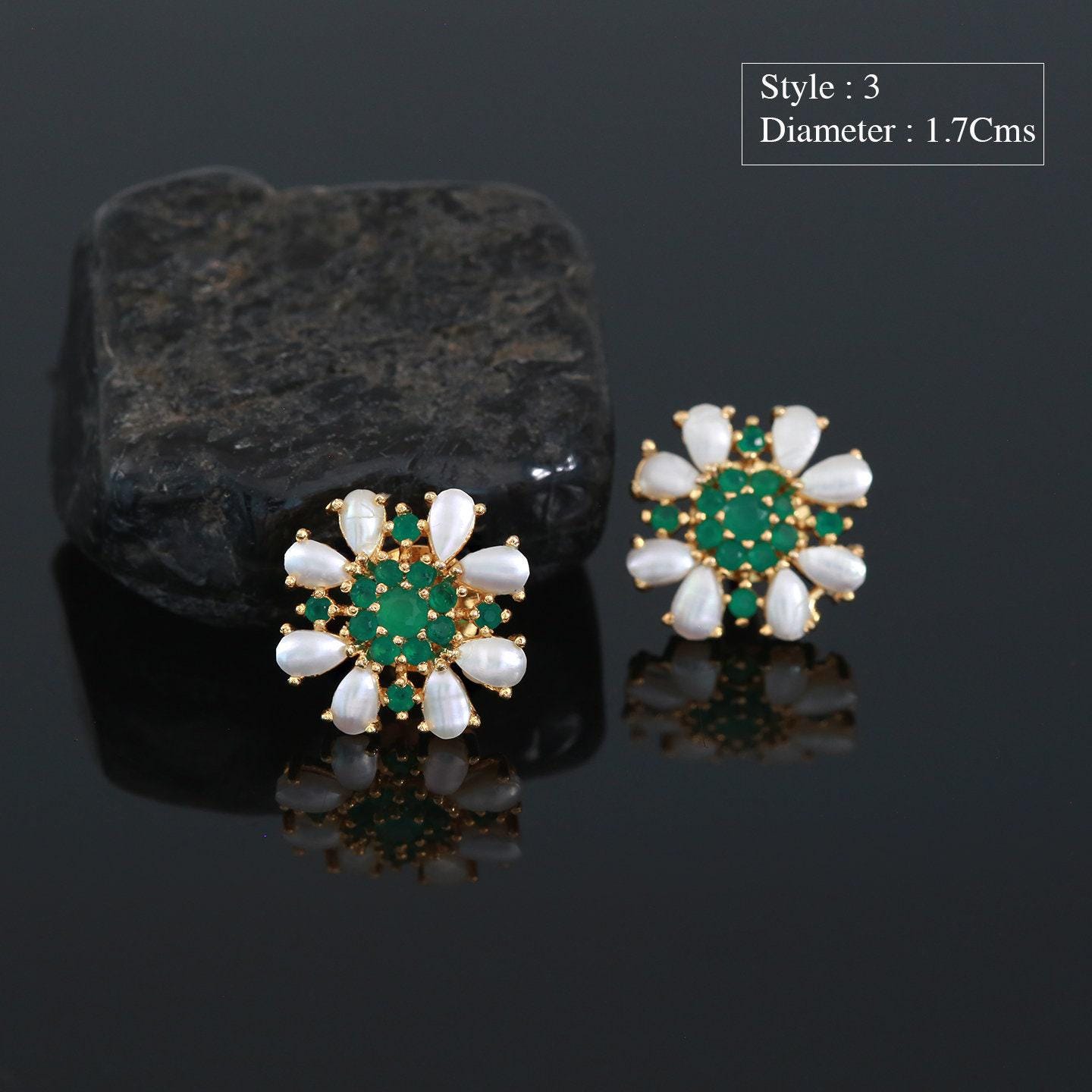 Pearl and emerald stud earrings | real small pearl stud earrings green floral design | gold plated minimalist pearl simple cz earrings tops