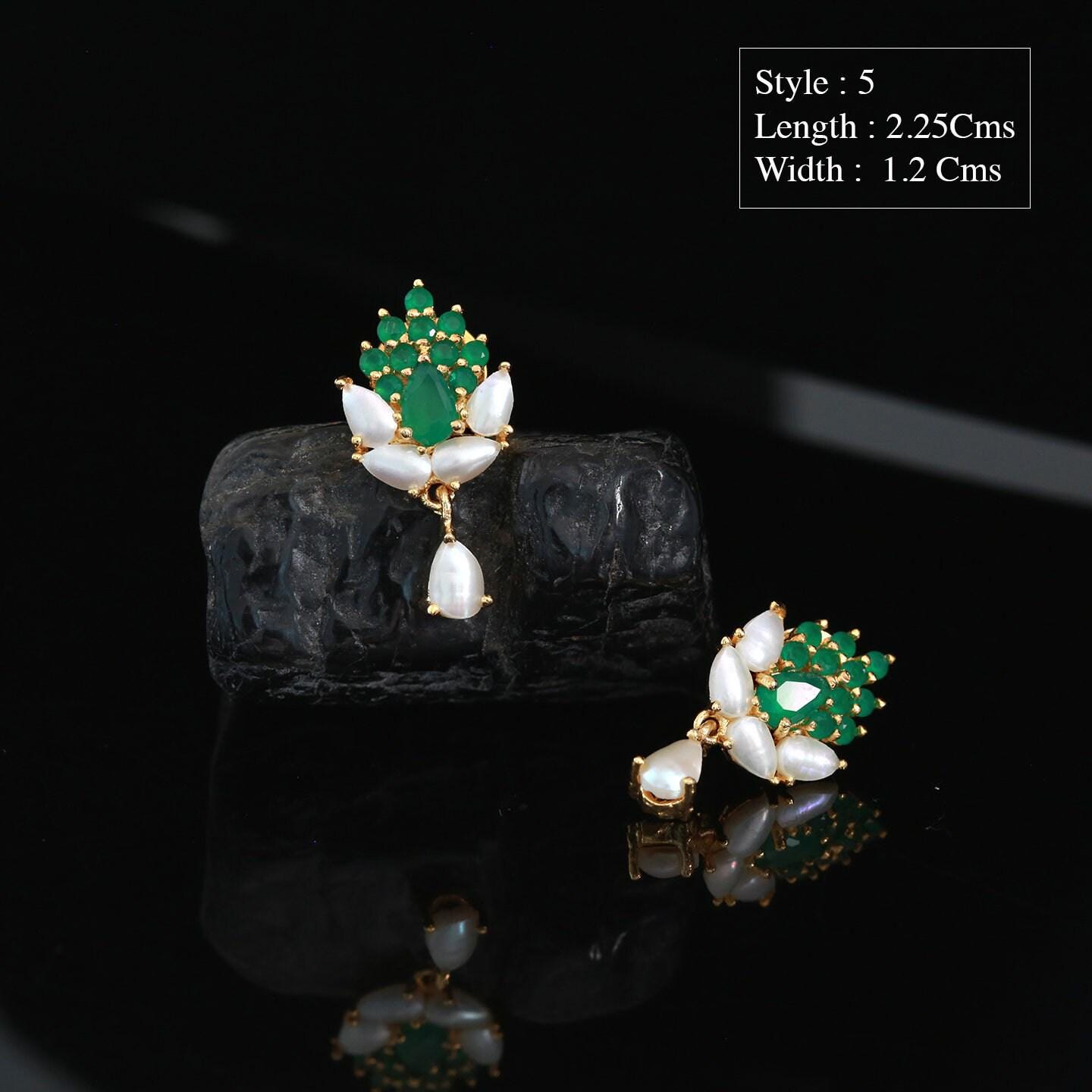 Pearl and emerald stud earrings | real small pearl stud earrings green floral design | gold plated minimalist pearl simple cz earrings tops