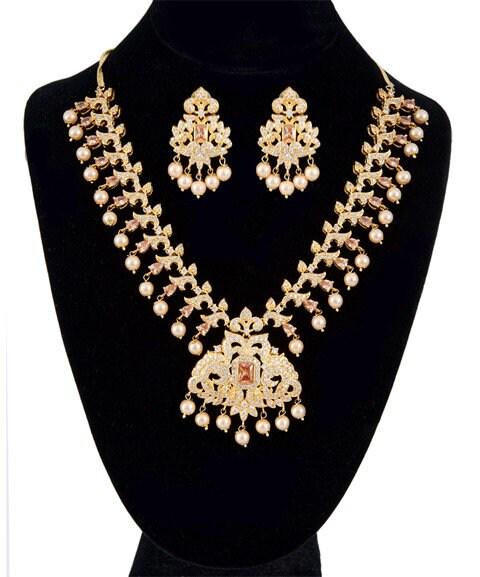Stunning ad white gold plated cubic zirconia bridal indian jewelry wedding necklace set