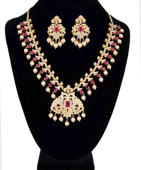 Stunning ad white gold plated cubic zirconia bridal indian jewelry wedding necklace set
