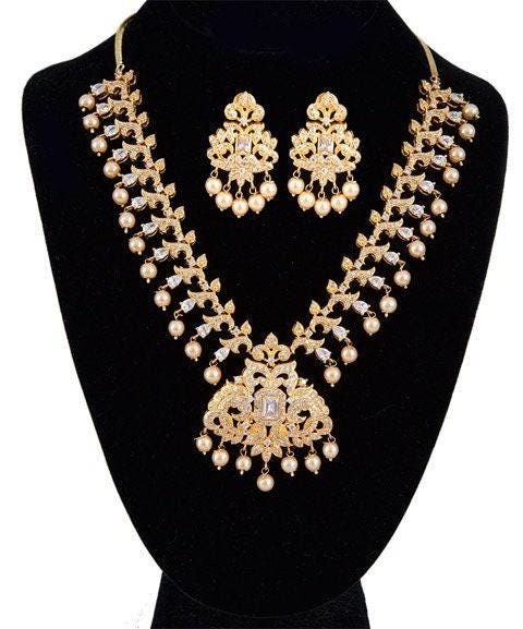 Stunning ad white gold plated cubic zirconia bridal indian jewelry wedding necklace set