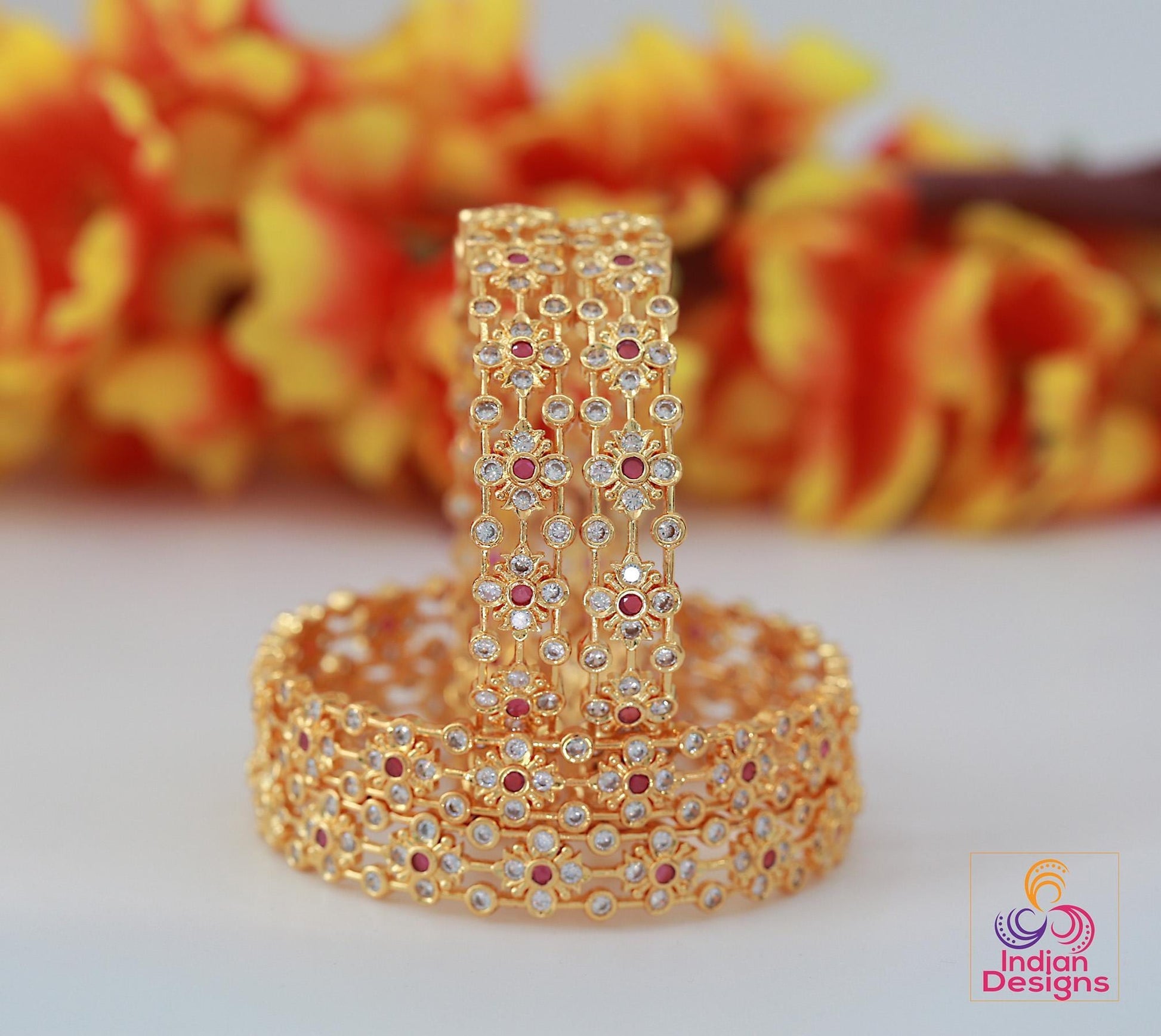 Gold plated Bangles with Pink stones Set of 4| South Indian style Floral design bangles| Daily-wear Statement bangles| Stylish Gift for her