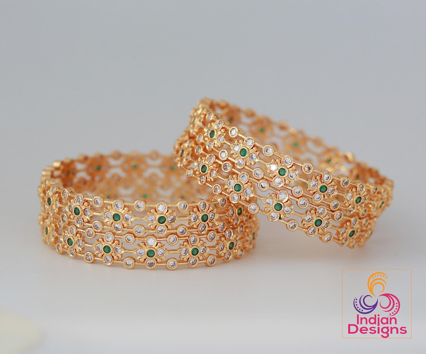 Gold plated Bangles with Green stones Set of 4| South Indian style Floral design bangles| Daily-wear Statement bangles| Stylish Gift for her