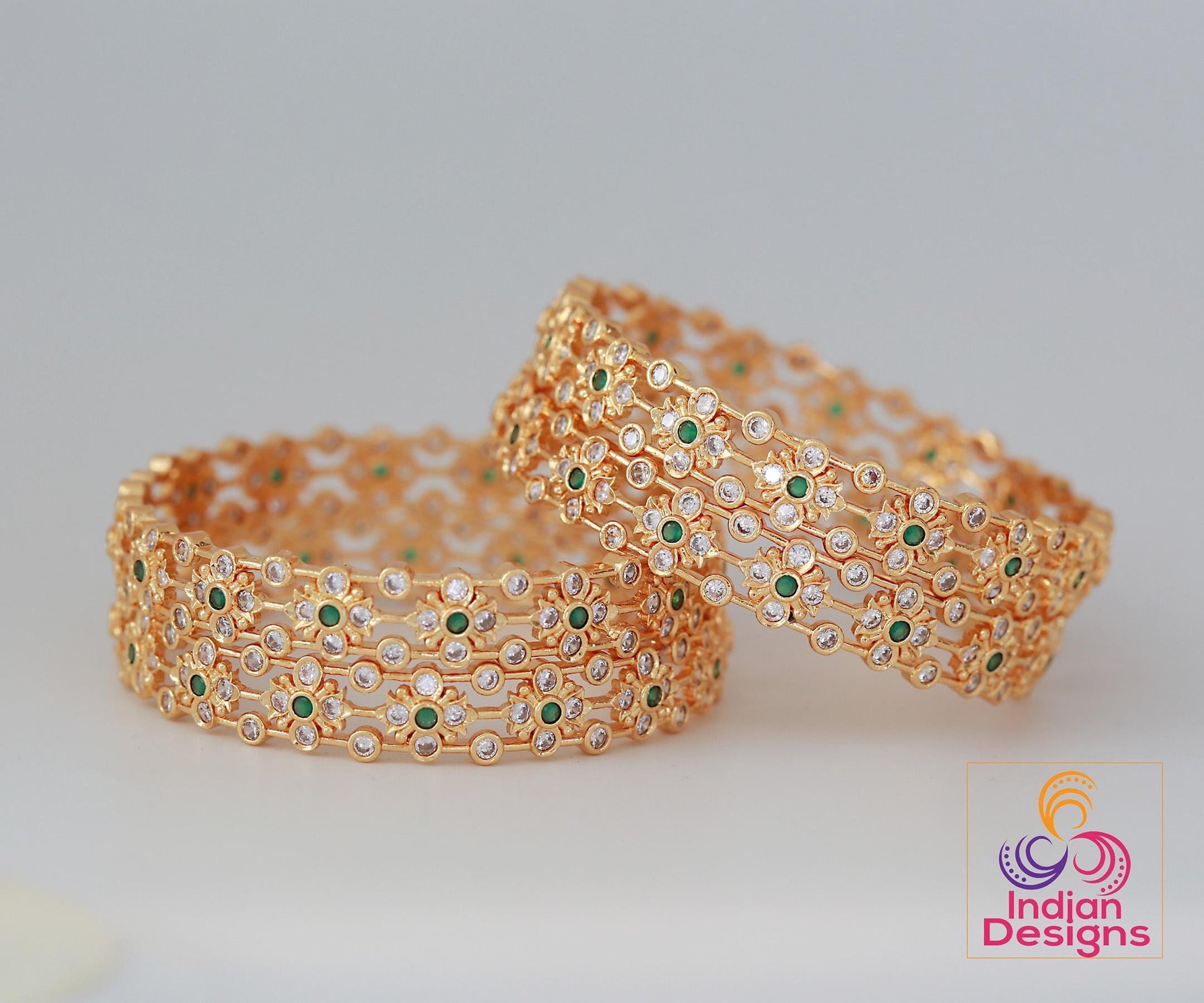 Gold plated Bangles with Green stones Set of 4| South Indian style Floral design bangles| Daily-wear Statement bangles| Stylish Gift for her