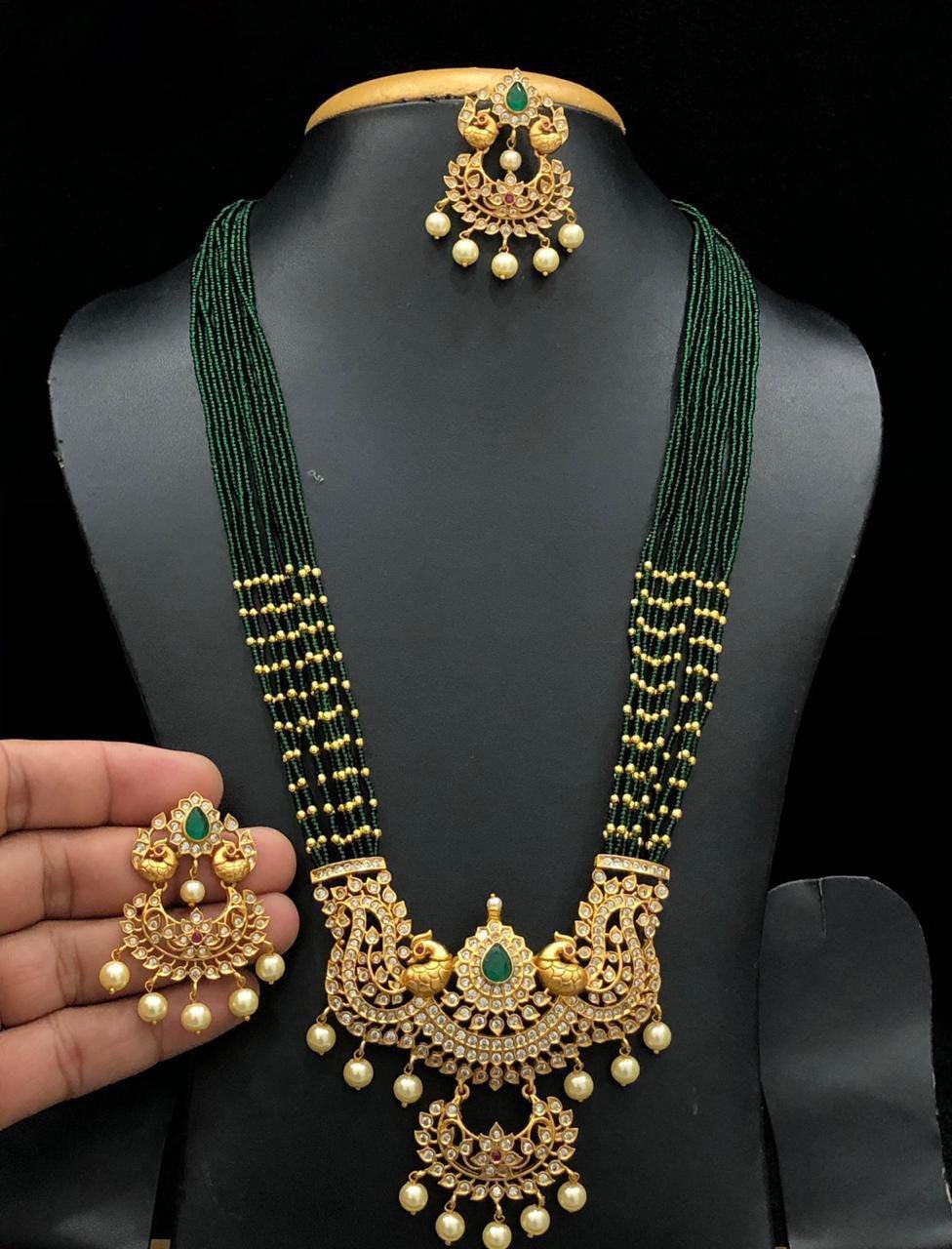 Traditional matte finish emerald cz necklace| south indian temple jewelry for weddings| american diamond multi-strand bead necklace| gift