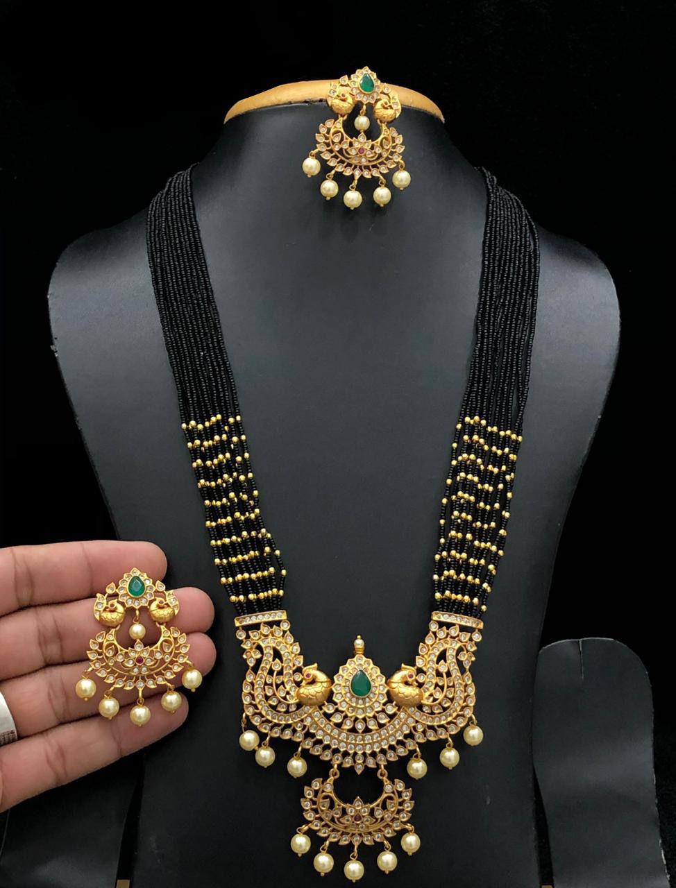 Traditional matte finish emerald cz necklace| south indian temple jewelry for weddings| american diamond multi-strand bead necklace| gift
