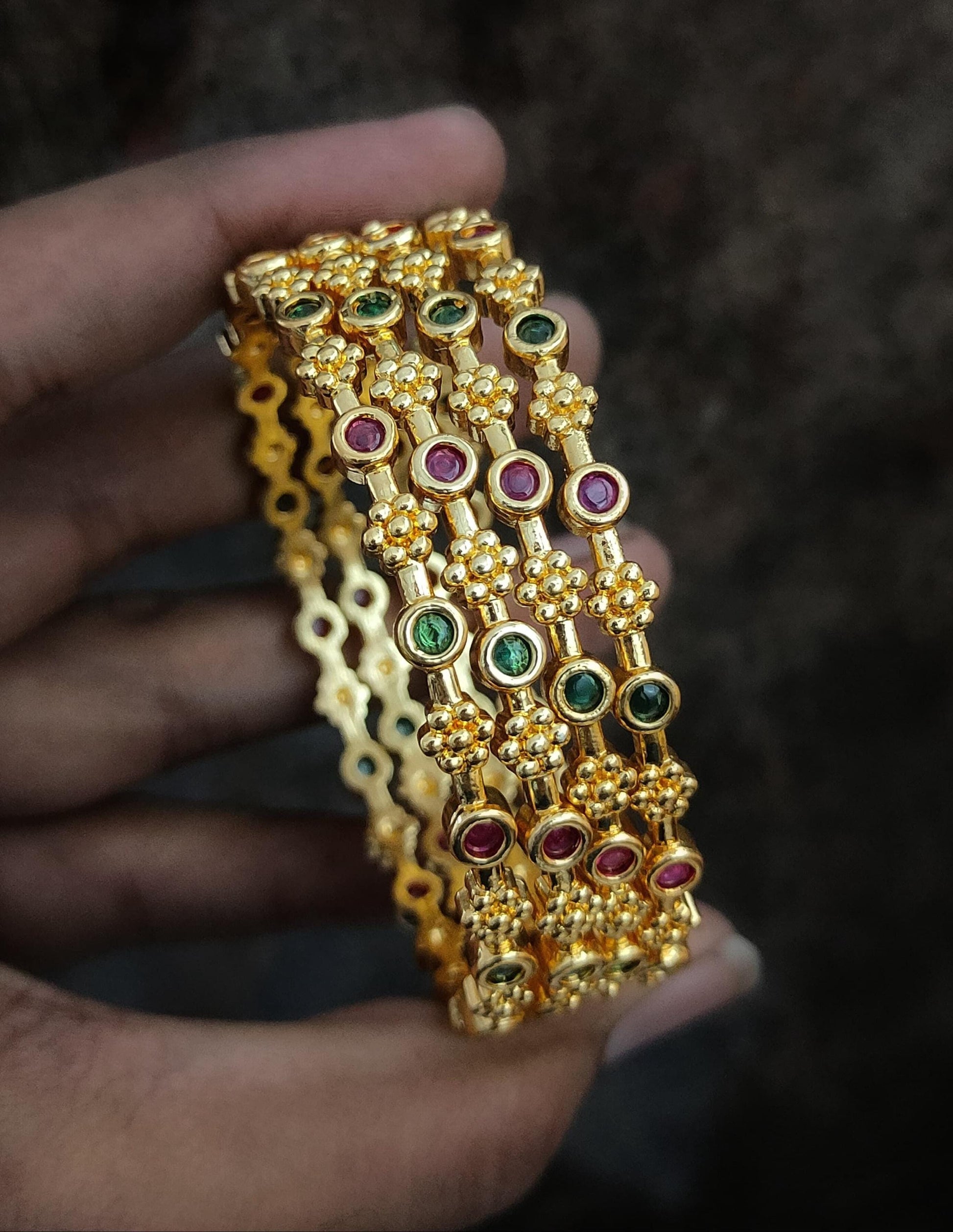 Gold plated Bangles with Ruby and Green stones Set of 4| South Indian style Floral design bangles| Daily-wear bangles| Stylish Gift for her