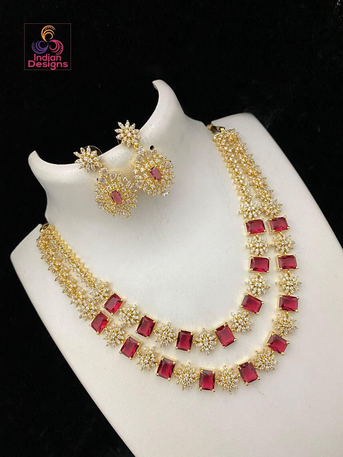 American Diamond 2 line Necklace Earring set with premium quality Gold plated | Blue Sapphire two strand Emerald cut Cz crystal Jewelry set