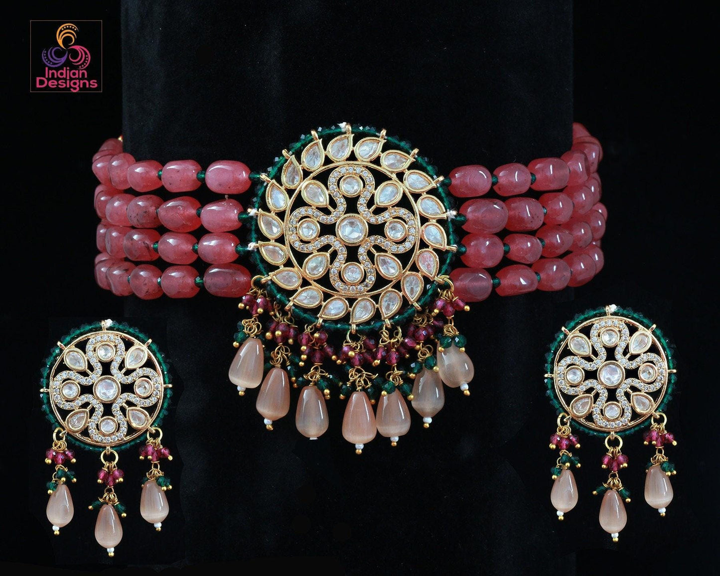Blue beads kundan choker set | Indian Wedding jewelry | American Diamond jewelry|CZ Choker |Pink Choker Bridal Necklace |gold choker designs