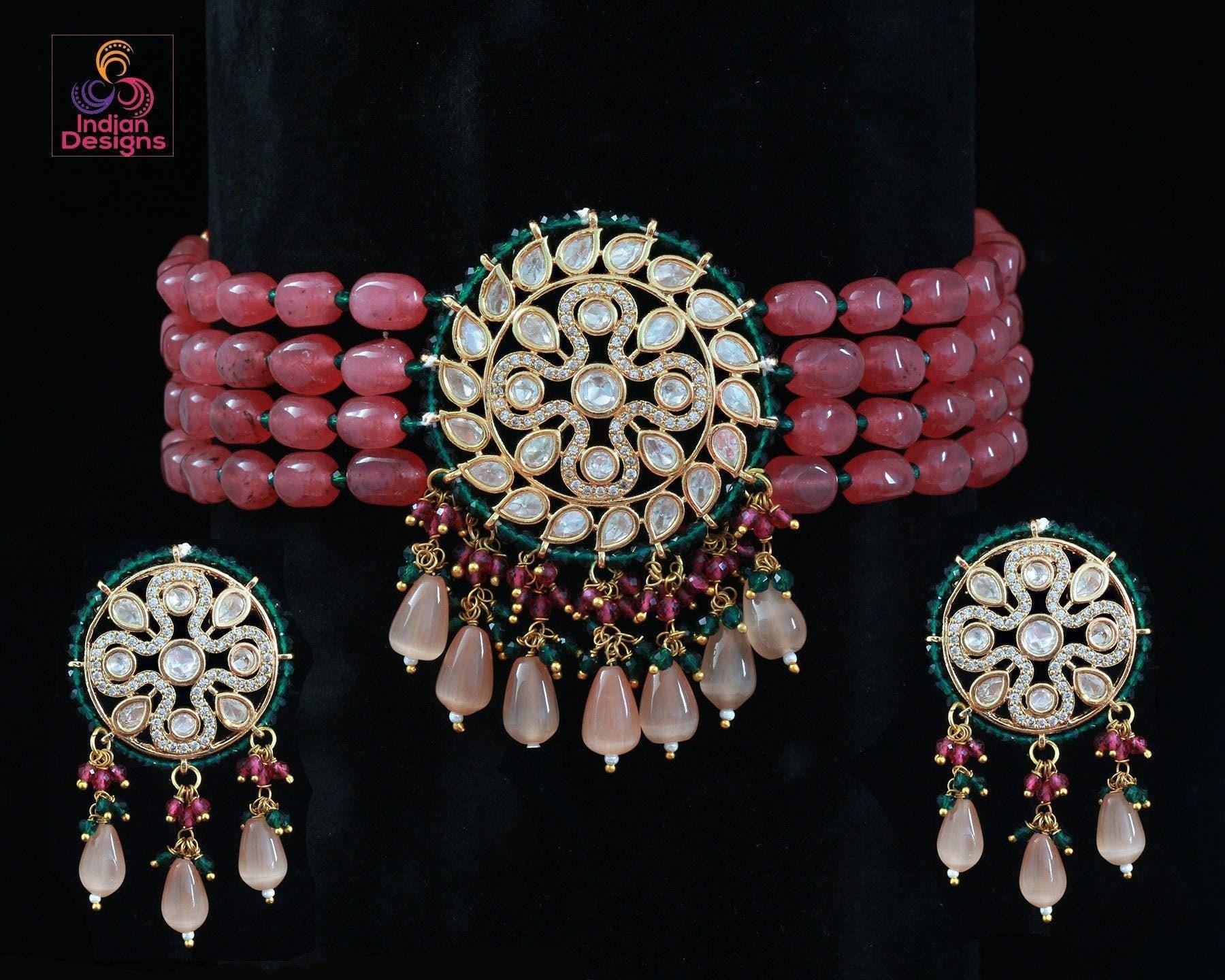 Blue beads kundan choker set | Indian Wedding jewelry | American Diamond jewelry|CZ Choker |Pink Choker Bridal Necklace |gold choker designs