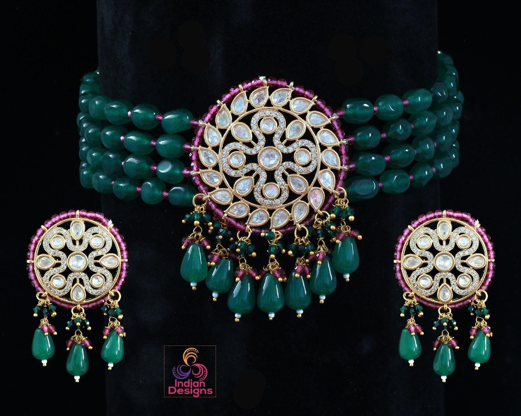 Blue beads kundan choker set | Indian Wedding jewelry | American Diamond jewelry|CZ Choker |Pink Choker Bridal Necklace |gold choker designs