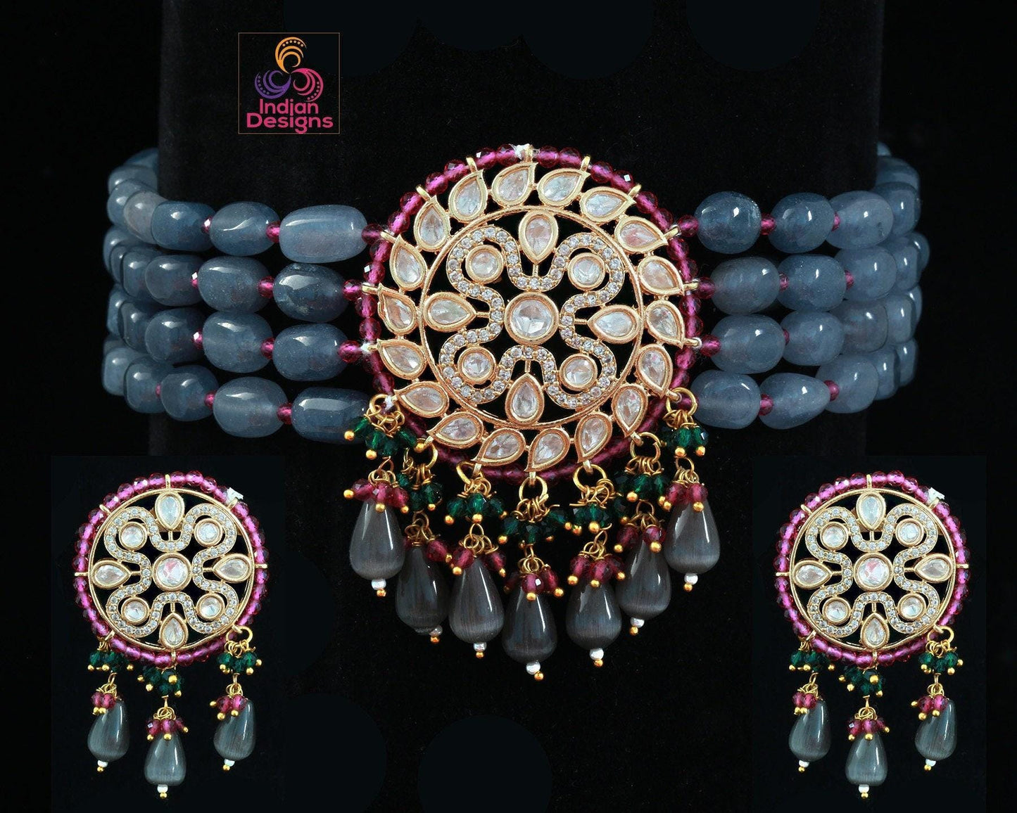 Blue beads kundan choker set | Indian Wedding jewelry | American Diamond jewelry|CZ Choker |Pink Choker Bridal Necklace |gold choker designs