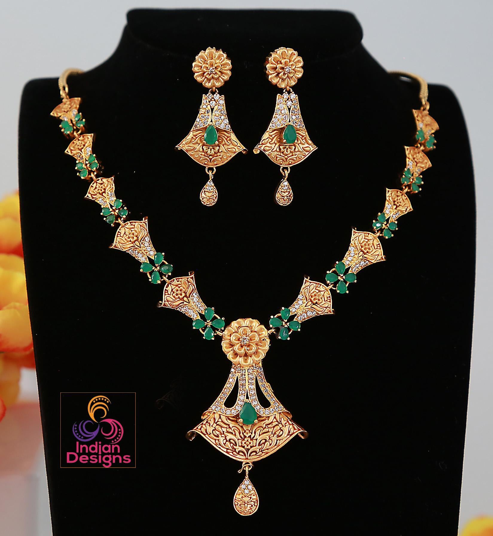 Floral Designer Necklace Earring Set with Green and Ruby Stones| Indian jewelry| American Diamond matte Finish Gold Necklace| Gift for her