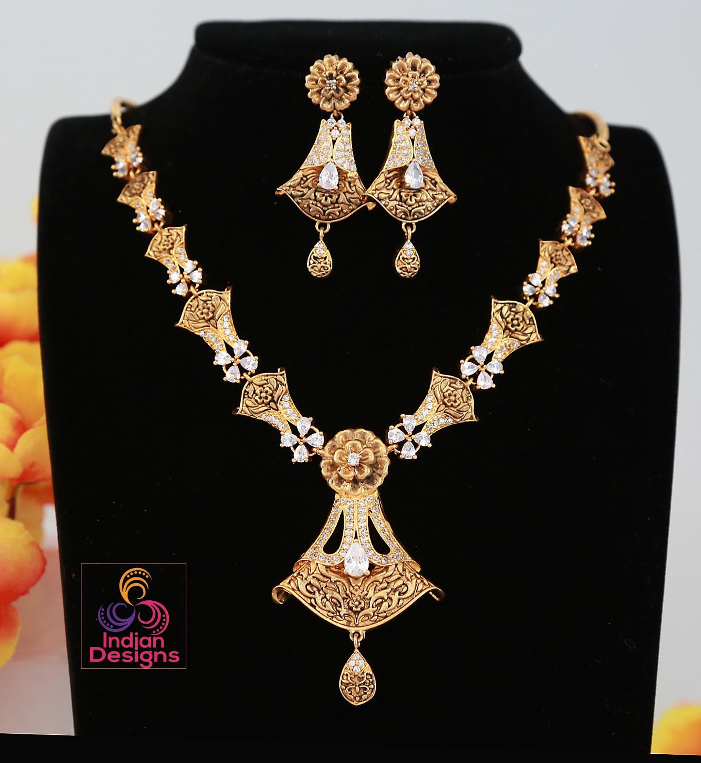 Floral Designer Necklace Earring Set with Green and Ruby Stones| Indian jewelry| American Diamond matte Finish Gold Necklace| Gift for her