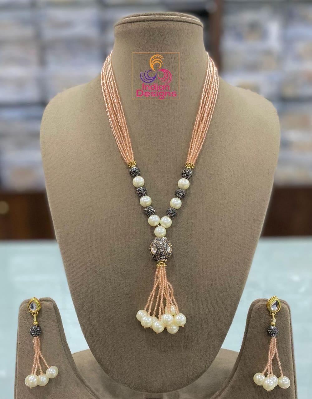 Beaded Pearl Necklace Set with Tassels| Elegant magenta and Green Bead Necklace with Pearl Drops| Traditional Indian Jewelry| Gift for her