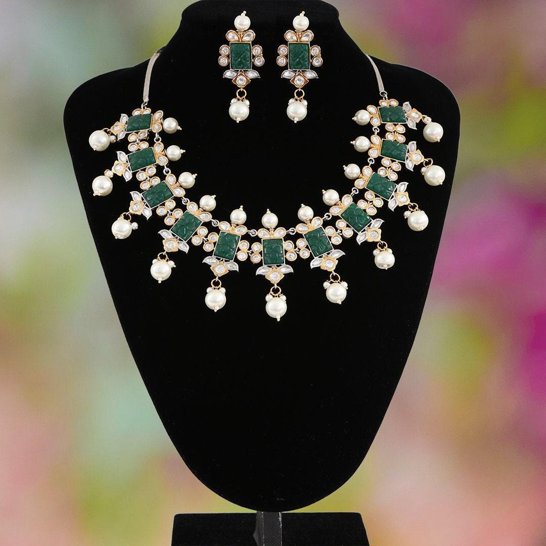 Pearl kundan choker with low price, Gold plated carved stone jewelry, Pink stone Wedding statement necklace earrings |Indian Designs Jewelry