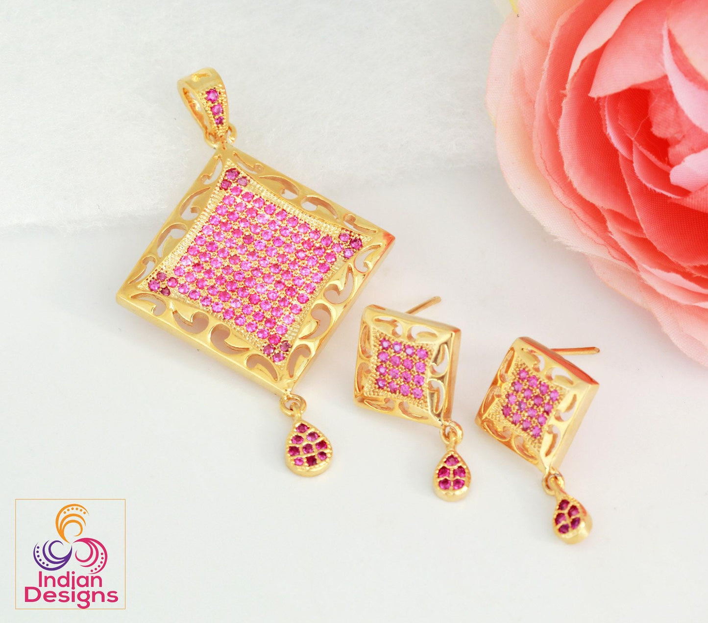 Gold plated pendant set with cz color stones in pink and blue -perfect for special occasions and gifts| minimalist pendant set| gift for her