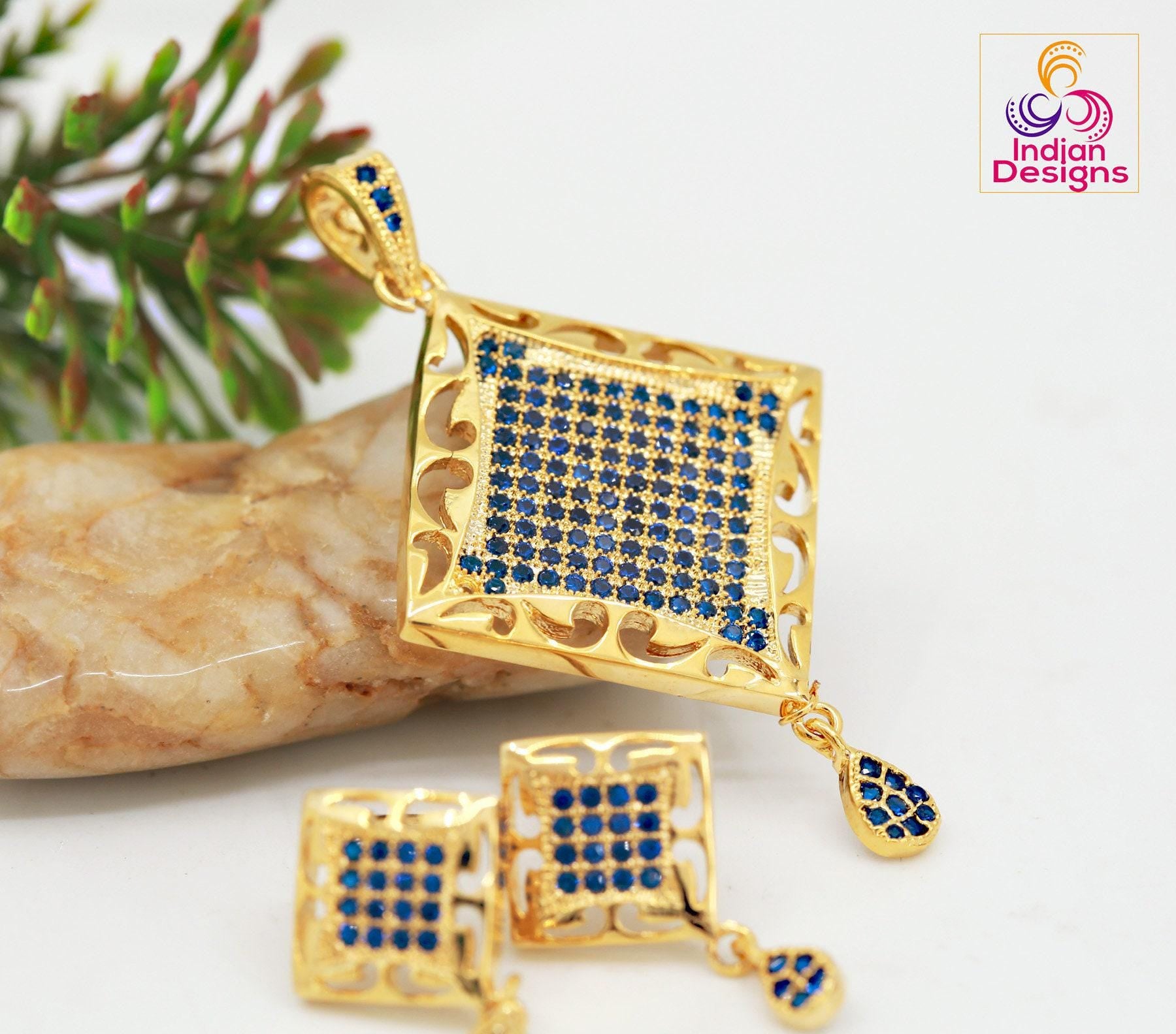 Gold plated pendant set with cz color stones in pink and blue -perfect for special occasions and gifts| minimalist pendant set| gift for her