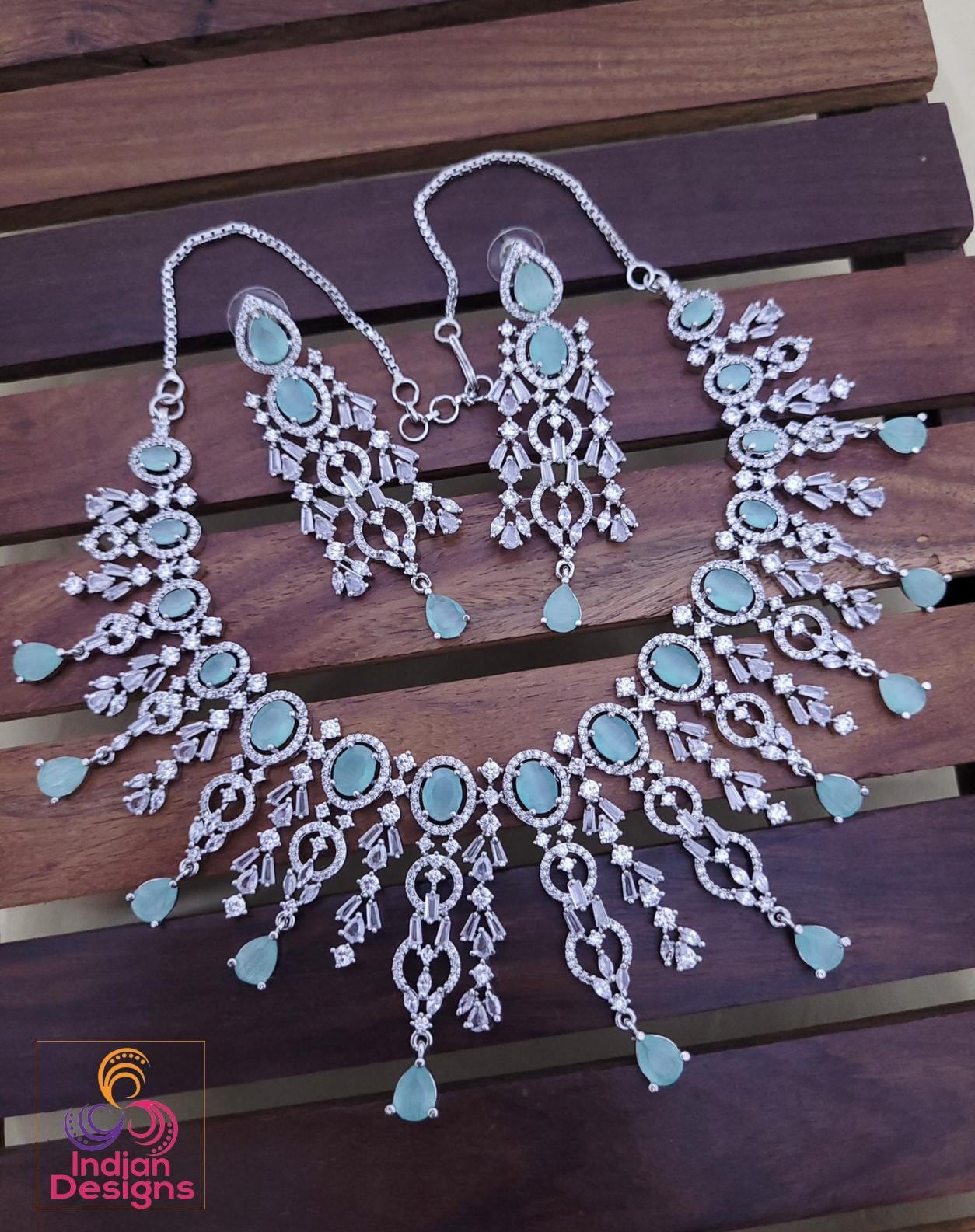 Silver AD Choker Necklace Set with Earrings| CZ Statement Indian Jewelry|American Diamond Necklace earring set|Trending Party choker jewelry