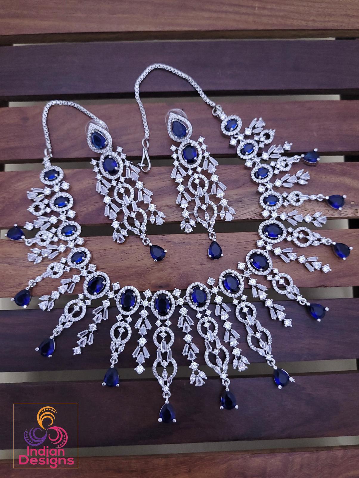 Silver AD Choker Necklace Set with Earrings| CZ Statement Indian Jewelry|American Diamond Necklace earring set|Trending Party choker jewelry