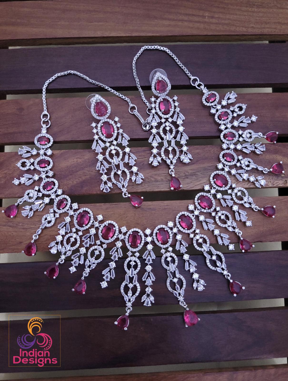 Silver AD Choker Necklace Set with Earrings| CZ Statement Indian Jewelry|American Diamond Necklace earring set|Trending Party choker jewelry