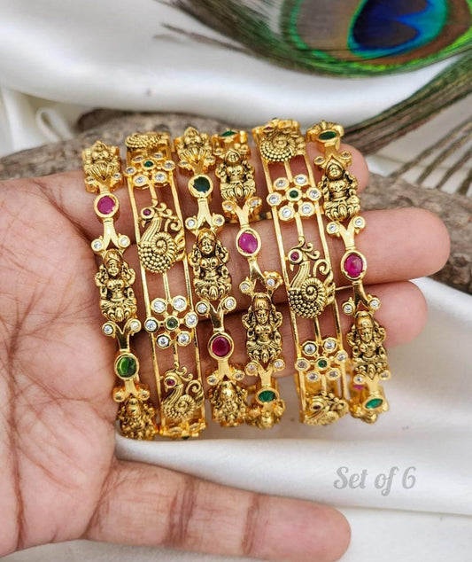 Multi color AD kemp stone Lakshmi Bangles Set of 6 |South Indian Temple jewelry Gold bangle set with Kemp stones|Traditional Wedding Bangles