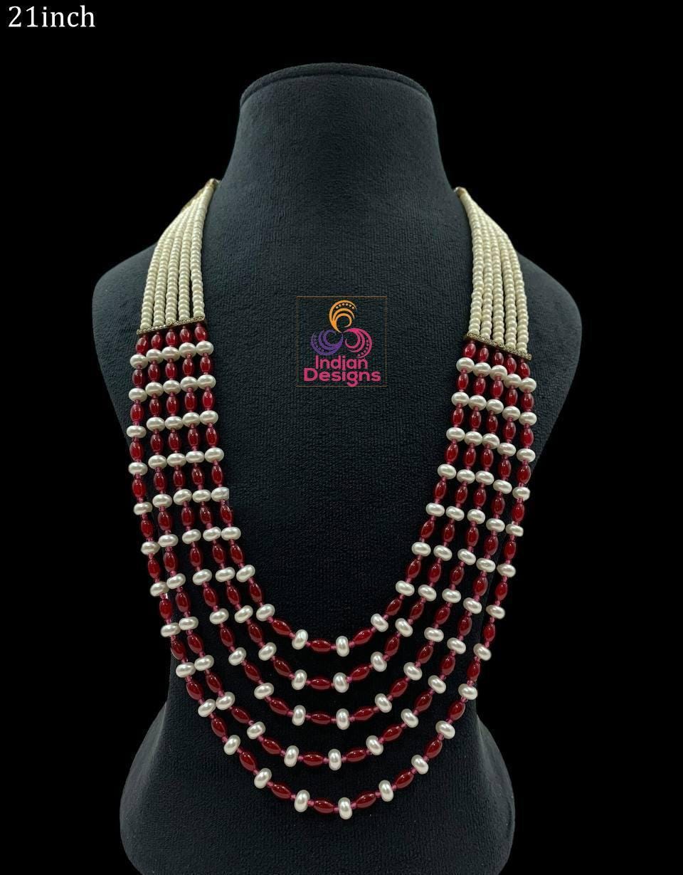 Multi-strand pearl & bead rani haar mala necklace| long indian wedding necklace| ruby/teal/amber/purple| gift for her