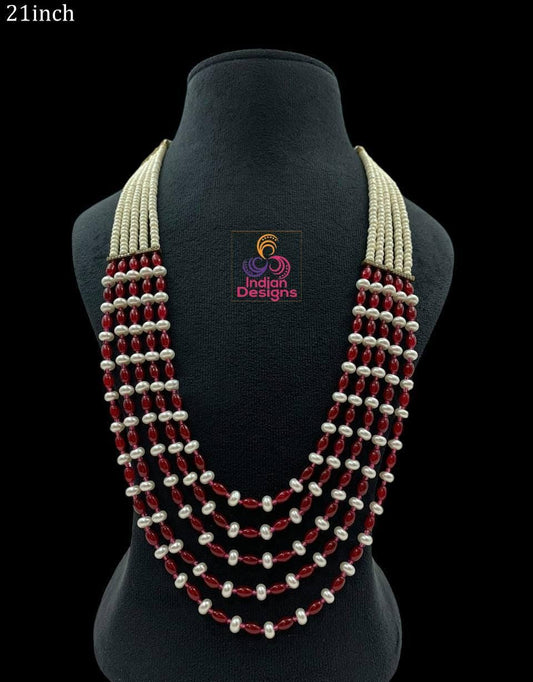 Multi-strand pearl & bead rani haar mala necklace| long indian wedding necklace| ruby/teal/amber/purple| gift for her
