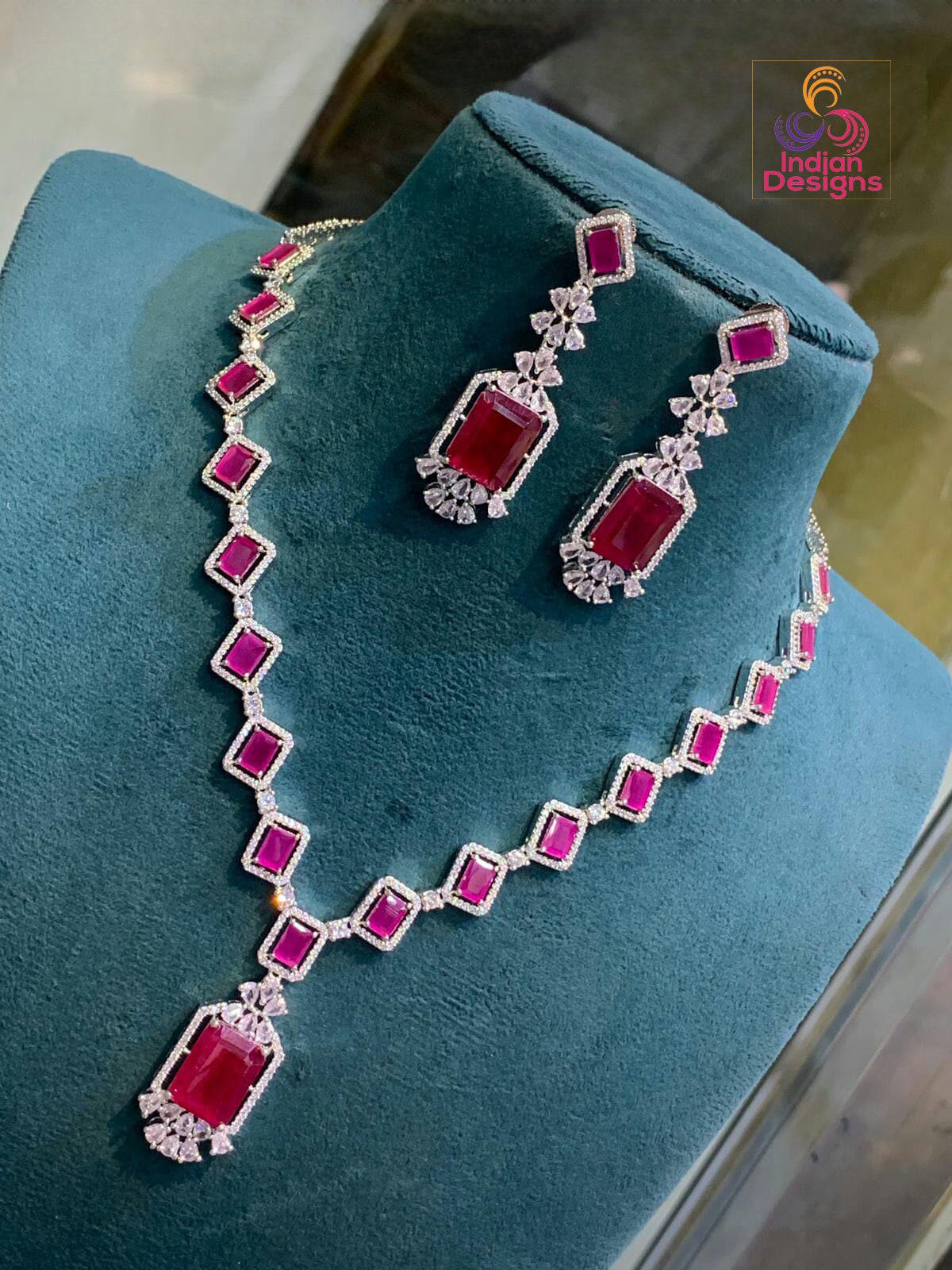 Exclusive Silver-Toned American Diamond Necklace and Earring Set | Indian Wedding Jewelry |Ruby Diamond Silver necklace set | Gift For Her