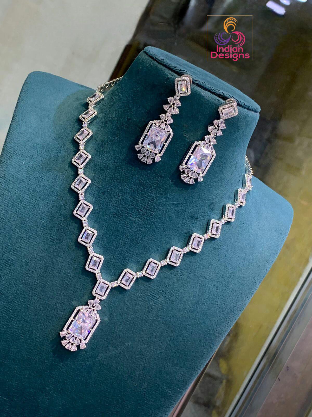 Exclusive Silver-Toned American Diamond Necklace and Earring Set | Indian Wedding Jewelry |Ruby Diamond Silver necklace set | Gift For Her