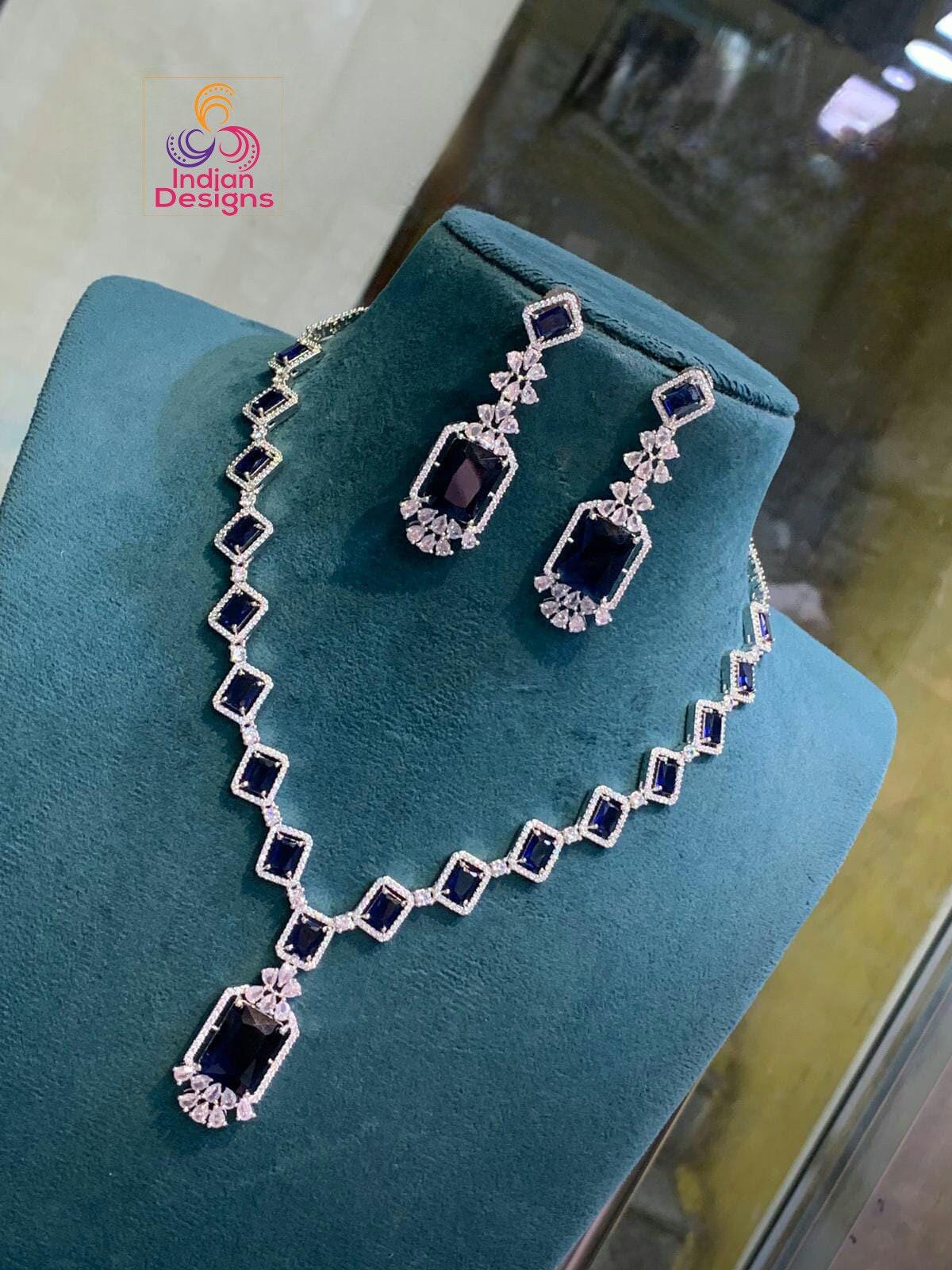 Exclusive Silver-Toned American Diamond Necklace and Earring Set | Indian Wedding Jewelry |Ruby Diamond Silver necklace set | Gift For Her