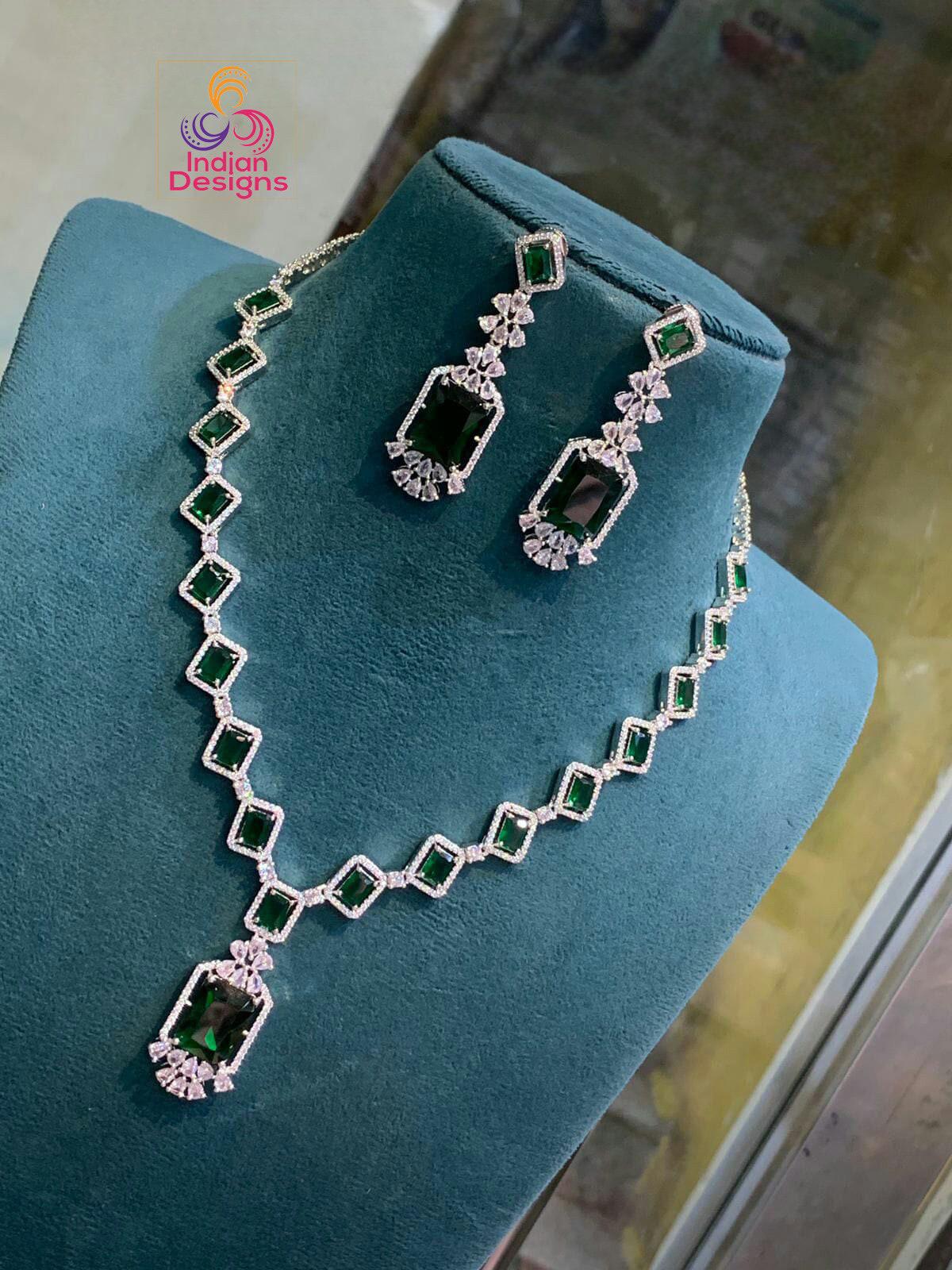 Exclusive Silver-Toned American Diamond Necklace and Earring Set | Indian Wedding Jewelry |Ruby Diamond Silver necklace set | Gift For Her