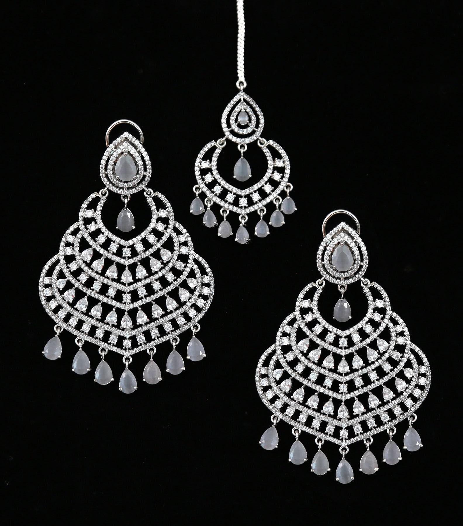Silver American Diamond Chandbali Earring Tikka set|Indian Jhumka Earrings|Pakistani Indian Chandbali tikka set