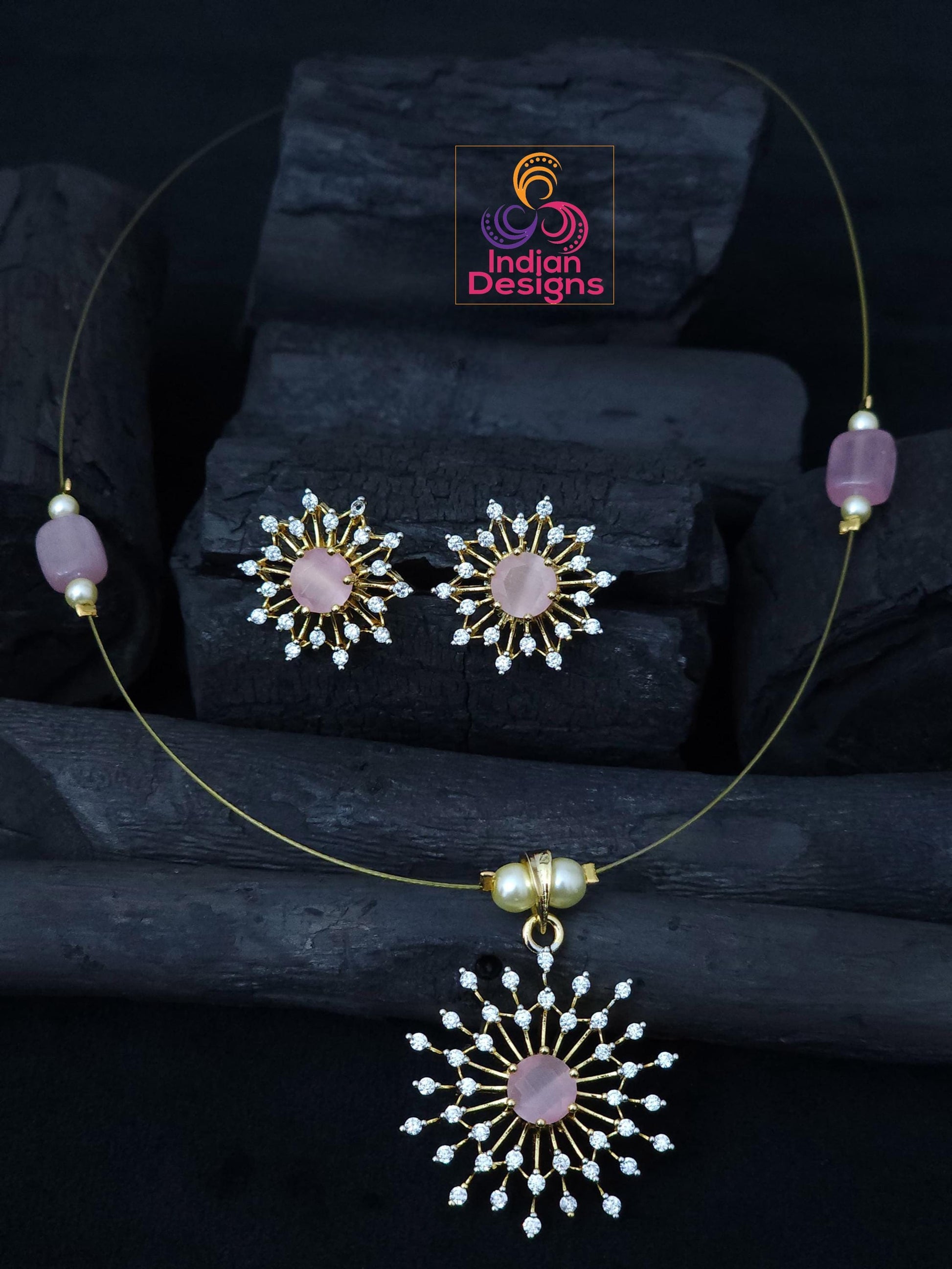 Delicate starburst cz necklace set| gold plated chain & pendant| ad stones invisible necklace| green, aqua, pink, ruby stones| gift for her
