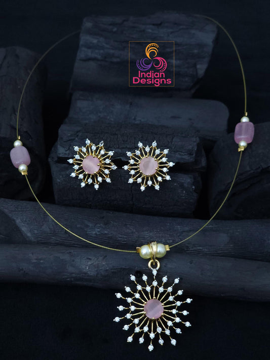 Delicate starburst cz necklace set| gold plated chain & pendant| ad stones invisible necklace| green, aqua, pink, ruby stones| gift for her