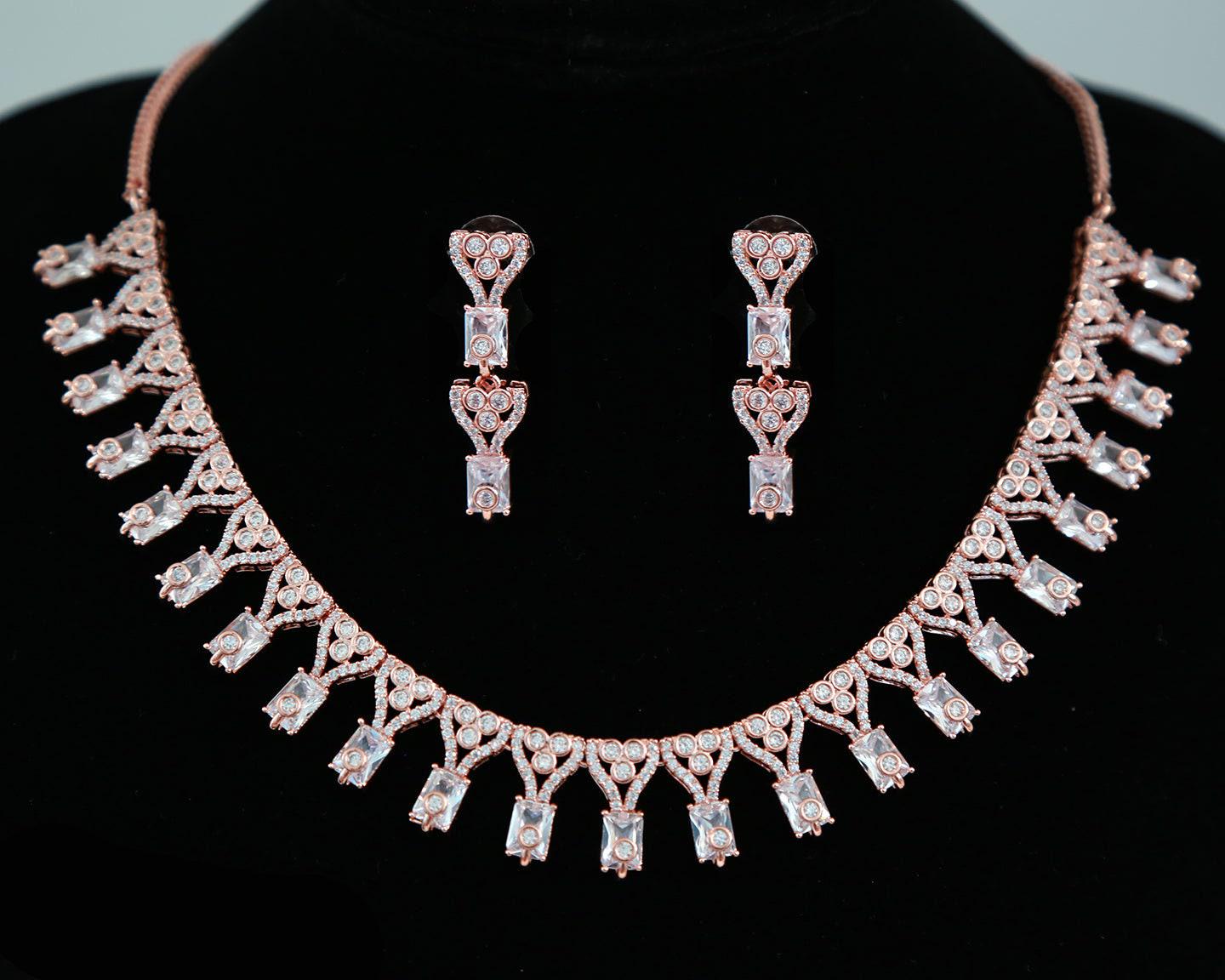 Rose Gold American diamond necklace set |CZ White stone necklace designs |Ruby Pink necklace and earring set |Multi color statement necklace