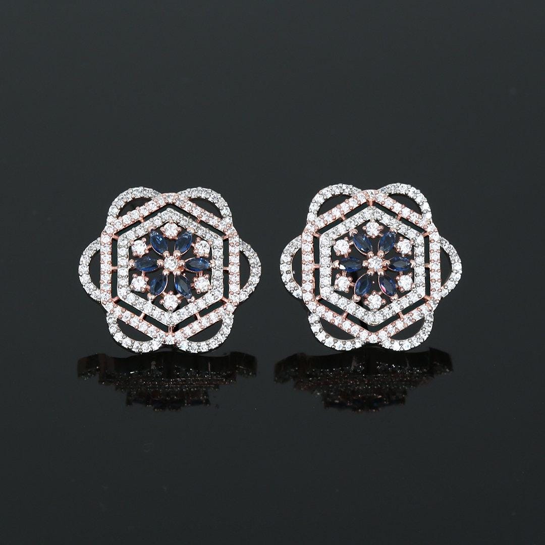 Stunning Gold Rose Stud Earrings with paved diamonds | Two Tone Rose Gold & Silver polish Large Flower Earrings | Color Stone flower studs