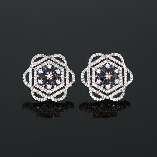 Stunning Gold Rose Stud Earrings with paved diamonds | Two Tone Rose Gold & Silver polish Large Flower Earrings | Color Stone flower studs