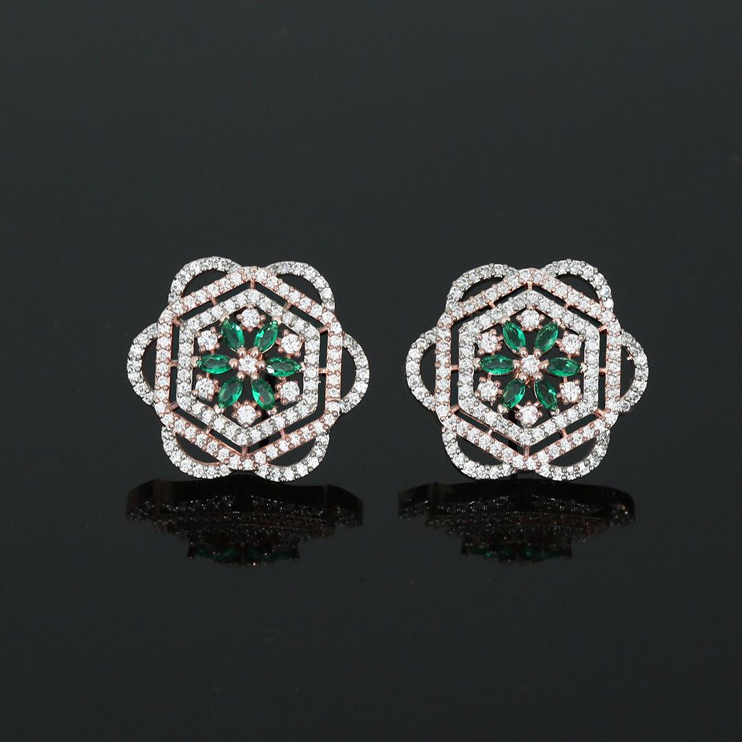 Stunning Gold Rose Stud Earrings with paved diamonds | Two Tone Rose Gold & Silver polish Large Flower Earrings | Color Stone flower studs