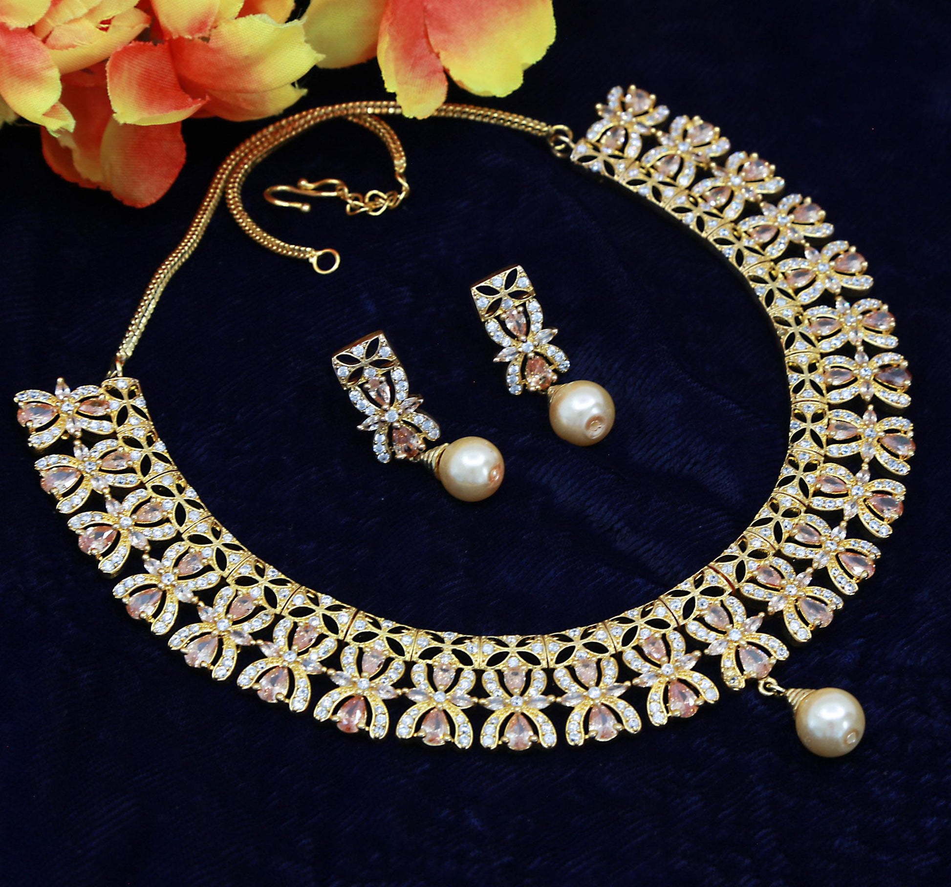 Gold-Plated American Diamond Choker Necklace Set with Pearls & CZ Stones| Elegant Wedding Party Jewelry| Indian jewelry| Gift for her