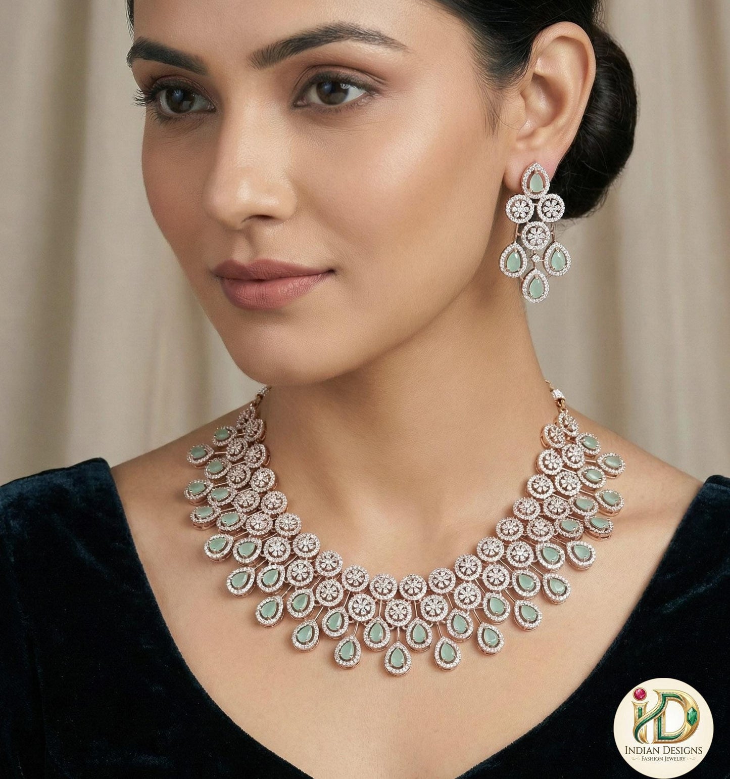 Luxury Gold plated American Diamond Wedding choker set | CZ AD necklace set rose gold Polish | Tear-drop indian wedding bridal jewelry sets