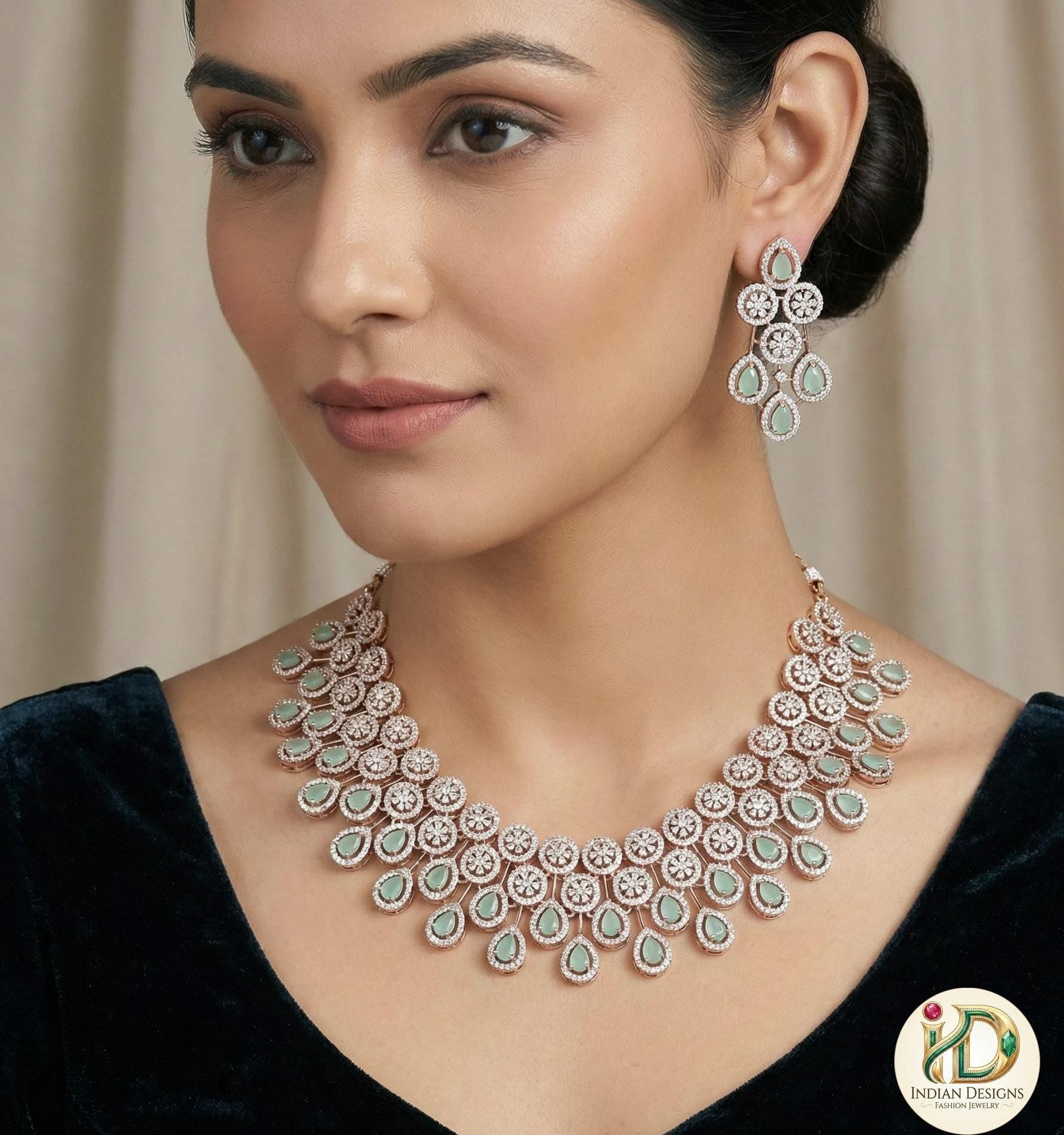 Luxury Gold plated American Diamond Wedding choker set | CZ AD necklace set rose gold Polish | Tear-drop indian wedding bridal jewelry sets